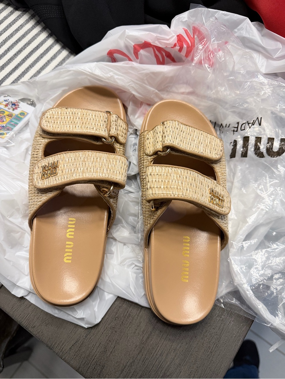 Miu Miu Beige Raffia Double-Strap Slide Sandals
